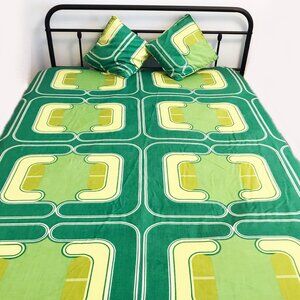 Vintage 70s Op Art Bedspread with Pillow Shams: Green Yellow Mod Bed Cover